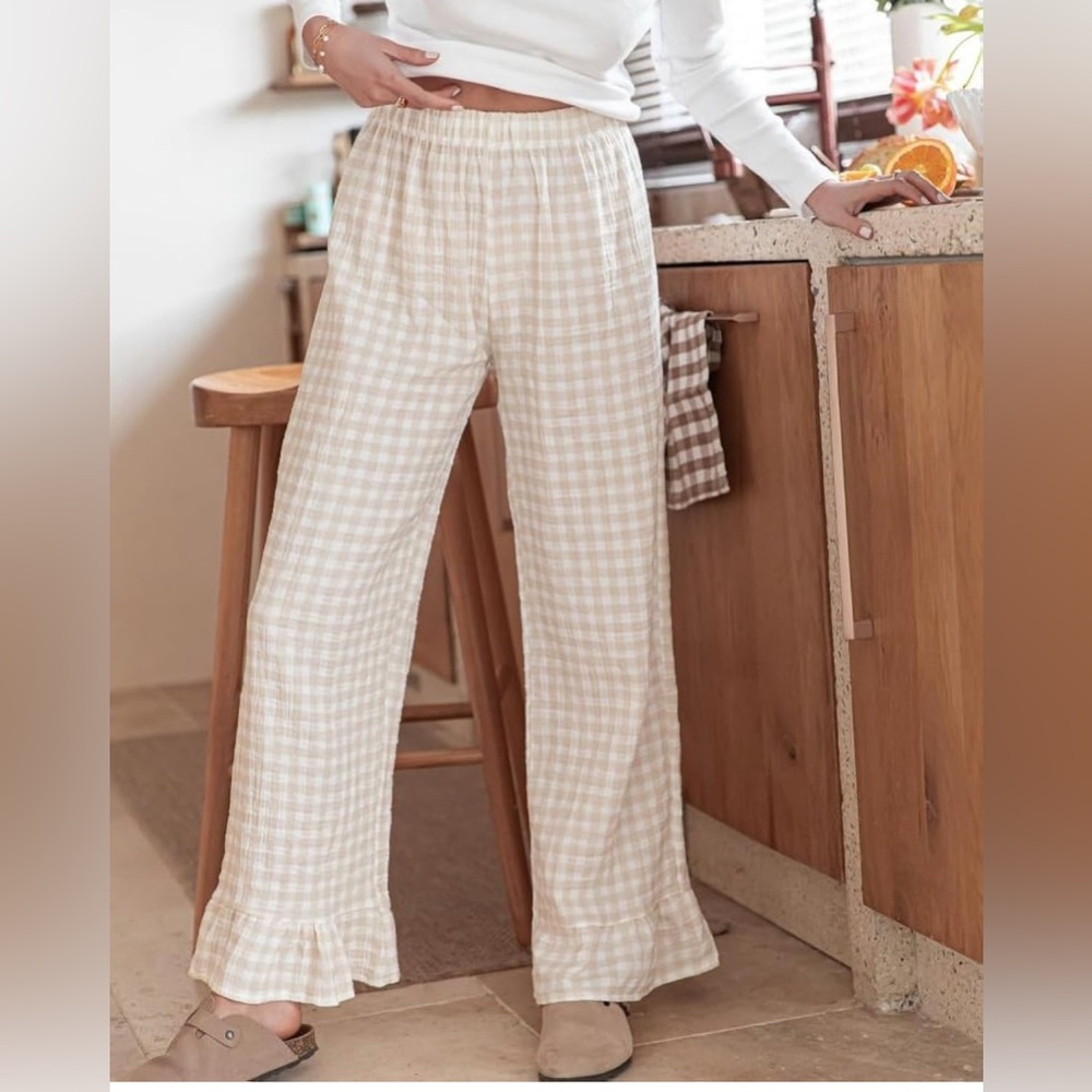 Tan Gingham Ruffle Hem Pants